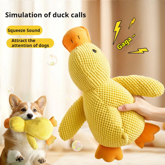 Yellow plush duck dog toy with ribbed texture, orange beak and feet, and black eyes, measuring 25cm long. - Image 2