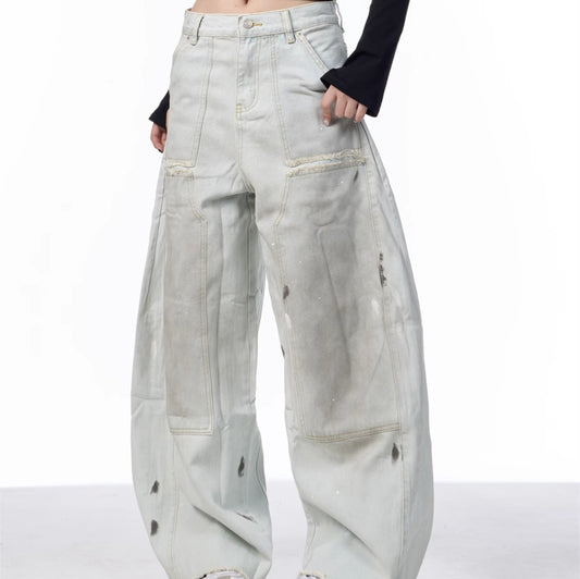 Pantalones Vaqueros Retro Sueltos Desgastados con Efecto Vintage