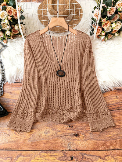 Suéter Calado Talla Grande para Mujer - Manga Larga Tejida Cuello V - Image 15