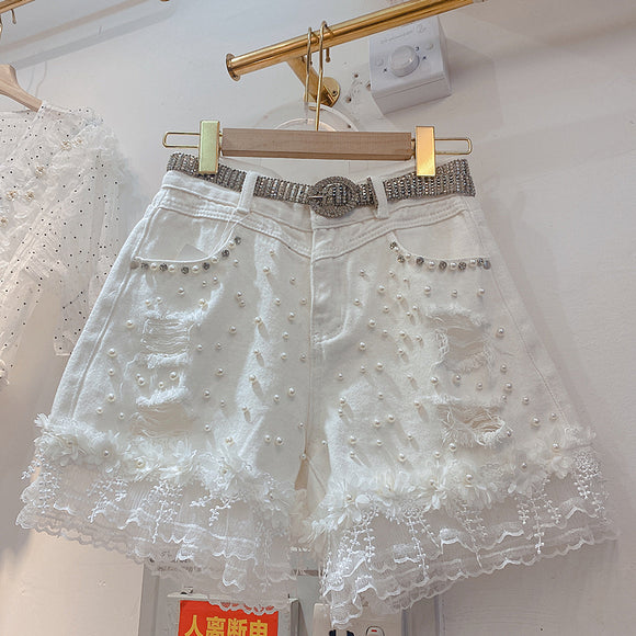 Shorts Talle Alto con Detalles de Diamantes - Estilo Coreano