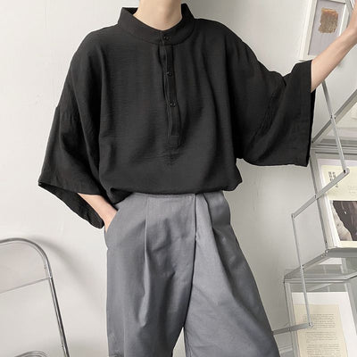 Camisa Japonesa Ligera para Hombre con Cuello Mao de Manga Corta