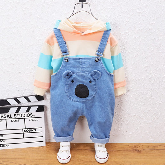 Overol Denim con Suéter Rayado y Capucha para Niños - Image 5
