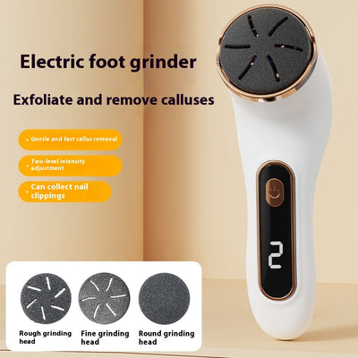 Ivory white electric foot grinder with digital display, power button, and three interchangeable grinding heads.
