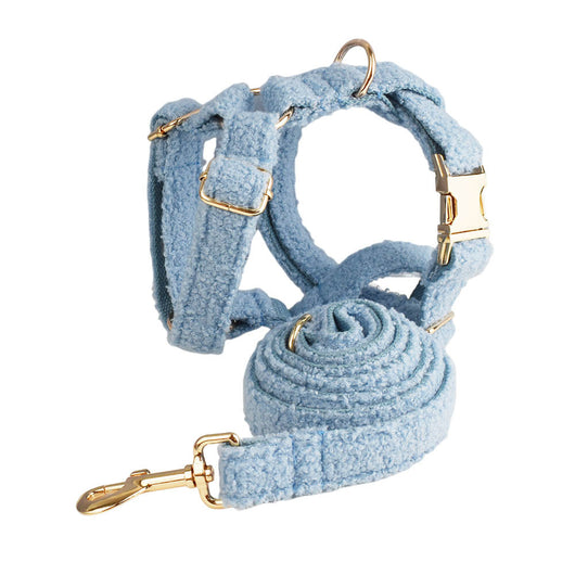 Light blue teddy bear textured dog collar and matching leash set with gold-colored hardware. - Image 18