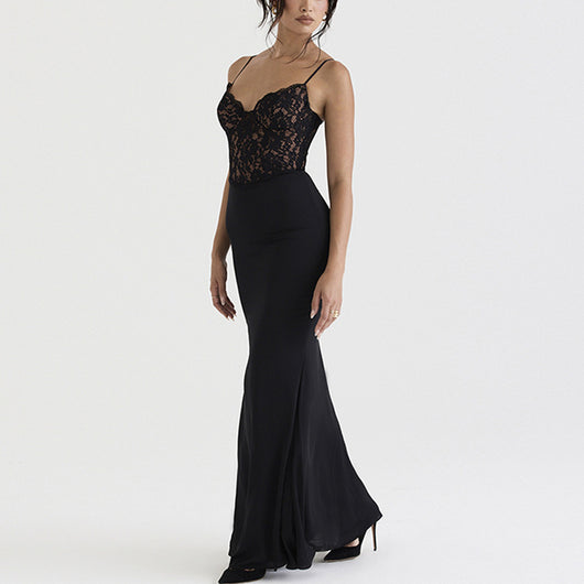Vestido Largo de Encaje Cintura Alta Escote Profundo con Falda Sirena - Image 3