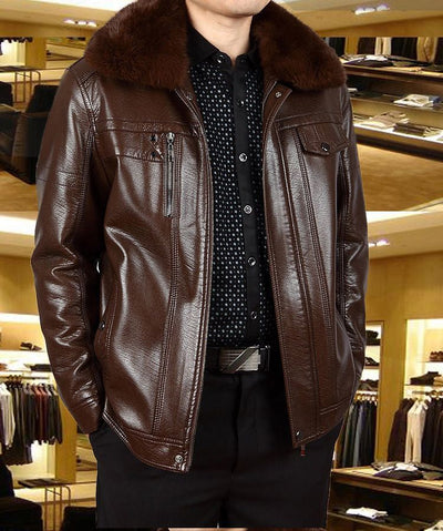 Chaqueta de Cuero para Hombre con Cuello de Piel y Solapa Clásica - Image 7