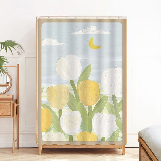 Printed Velcro cabinet curtain with a cartoon oil painting of white and yellow tulips under a light blue sky with clouds and a crescent moon. - Image 15