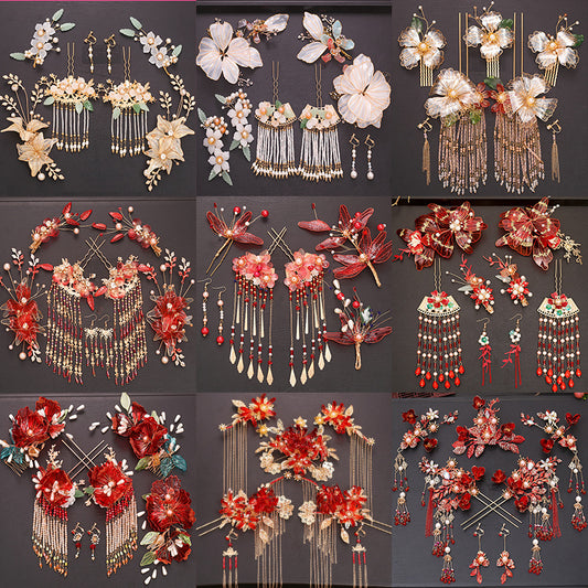 Tocado Estilo Antiguo con Flores Rojas y Flecos - Corona de Pelo Nupcial