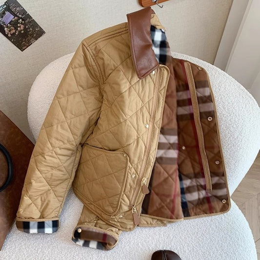 Chaqueta de Lana con Cuello Solapa y Detalles de Costura Escocesa para Mujer