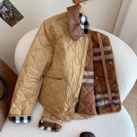 Chaqueta de Lana con Cuello Solapa y Detalles de Costura Escocesa para Mujer