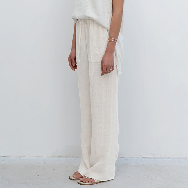 Pantalones de Lino Puro con Cordones Rectos Talla Grande para Mujer