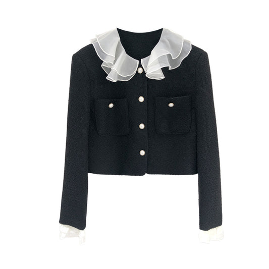 Abrigo Tweed Corto Estilo Hepburn con Volantes - Elegancia Francesa para Mujer - Image 2
