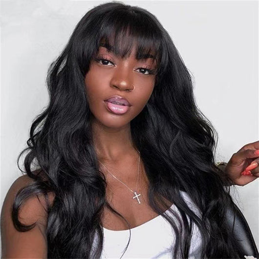 Peluca Larga Ondas Grandes con Flequillo Aireado - Cabello Rizado Negro Fibra Sintética - Image 4