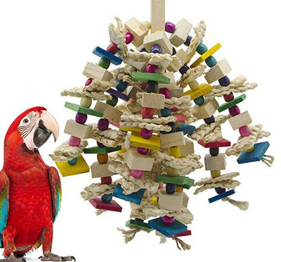 Colorful bird toy made of natural wood blocks, beads, and corn husk strips, with a red and green macaw. - Image 2