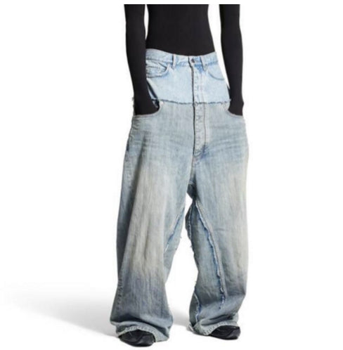 Pantalones Vaqueros Unisex Patchwork Doble Cintura con Detalles Desgarrados - Image 8