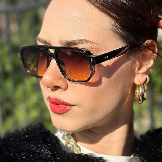 Black full-frame retro casual sunglasses with dark gray lenses and a double bridge, featuring gold accents.