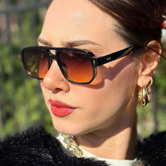 Black full-frame retro casual sunglasses with dark gray lenses and a double bridge, featuring gold accents.