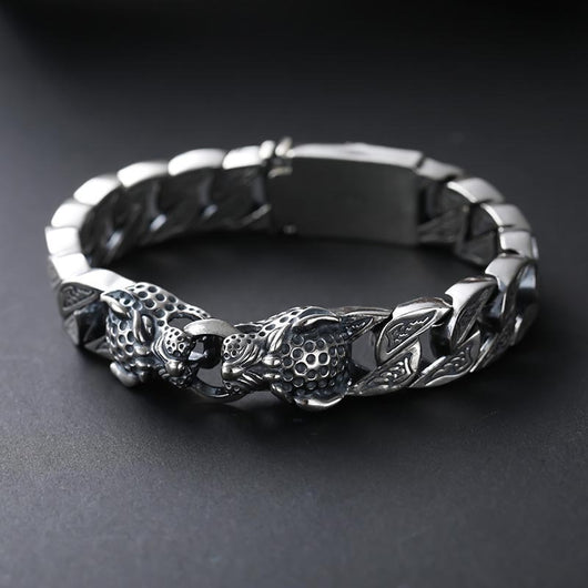 Pulsera de Plata Esterlina 925 Cabeza de Leopardo para Hombre Estilo Retro Grueso - Image 2