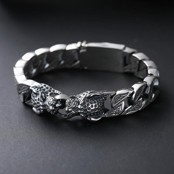 Pulsera de Plata Esterlina 925 Cabeza de Leopardo para Hombre Estilo Retro Grueso