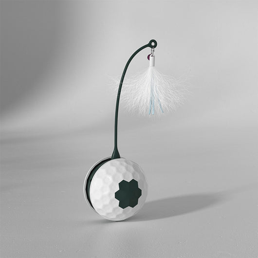 Electric cat toy with a white golf ball-textured base, a dark green flexible arm, and a white feather attachment. - Image 8