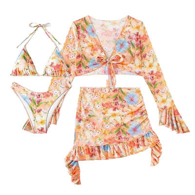 Four-piece women's beachwear set with a peach, blue, and green floral print. Includes a triangle bikini, long-sleeve tie-front cover-up, and ruched mini skirt. - Image 5