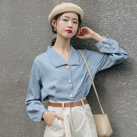 Blusa de Gasa con Cuello en V y Mangas Abullonadas