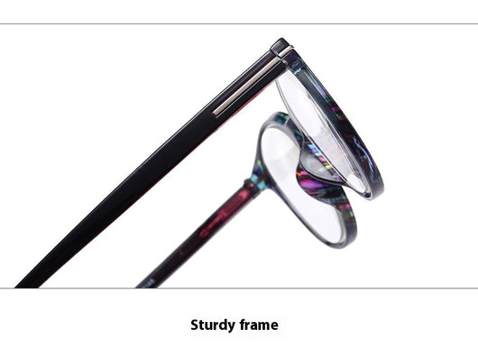 Four pairs of anti-blue light reading glasses with colorful full-rim frames in pink, tea, blue, and violet patterns. - Image 6