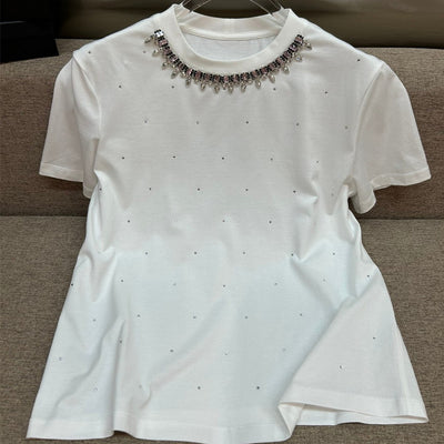 Playera Cuello Redondo con Diamantes de Cristal Completo Manga Corta
