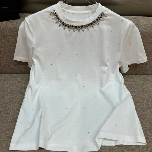 Playera Cuello Redondo con Diamantes de Cristal Completo Manga Corta