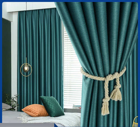 Close-up of a dark gray thickening double-sided linen-look jacquard curtain fabric with a textured weave.
