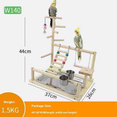 Multi-level natural wood parrot play stand with perches, ladder, swings, and two stainless steel feeding cups. - Image 7