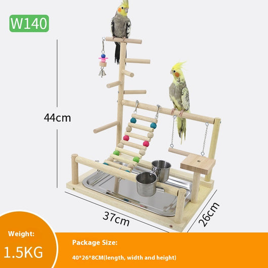 Multi-level natural wood parrot play stand with perches, ladder, swings, and two stainless steel feeding cups. - Image 7