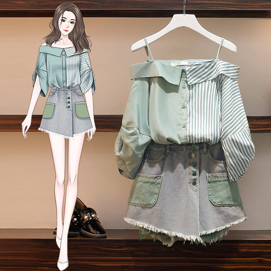 Conjunto de Short Denim Hombro Descubierto con Manga Corta - Image 9