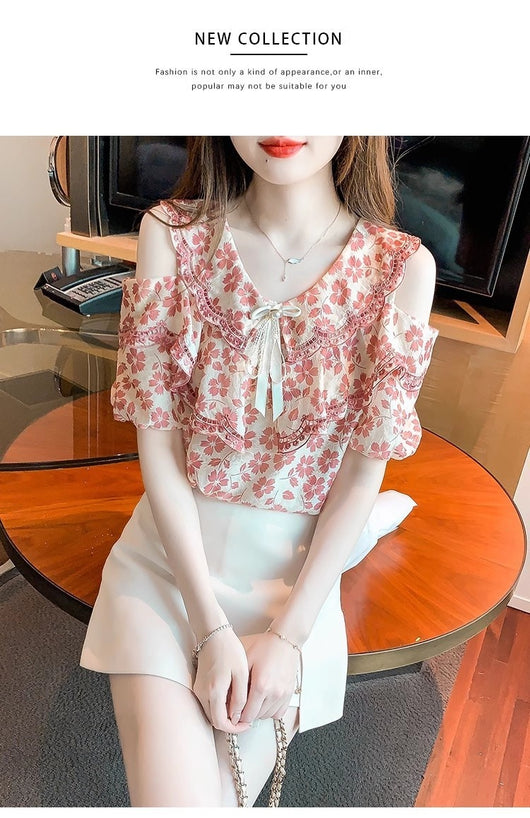 Blusa Chiffon Floral Hombro Descubierto - Camisa Romántica de Manga Corta - Image 14