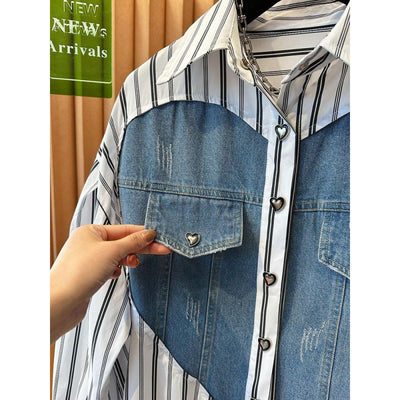 Camisa Denim Holgada con Patchwork a Rayas - Estilo Casual y Desenfadado - Image 4