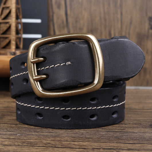 Cinturón de Cuero Premium con Hebilla Brass Retro y Costura Doble Aguja para Hombre - Image 15