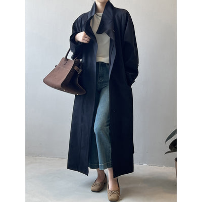 Abrigo Trinchera Largo Mujer Cuello Alzado Oversized Abotonado Simple - Image 3