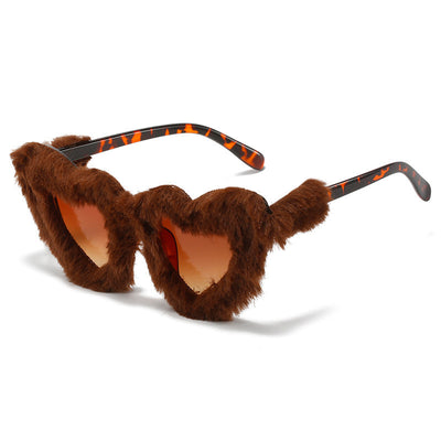 Pink plush heart-shaped sunglasses with light pink tinted lenses and matching pink plastic temples. - Image 8