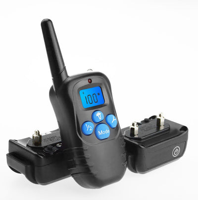 Black remote control dog trainer with blue LCD screen, alongside one black and one orange training collar. - Image 6