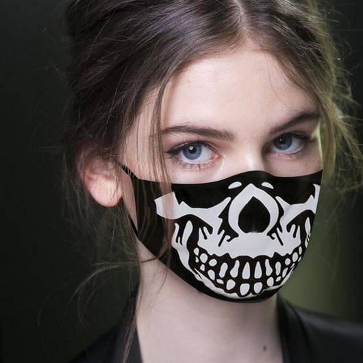 Young woman wearing a black ear hook facial mask with a white skull design, perfect for Halloween. - Image 14