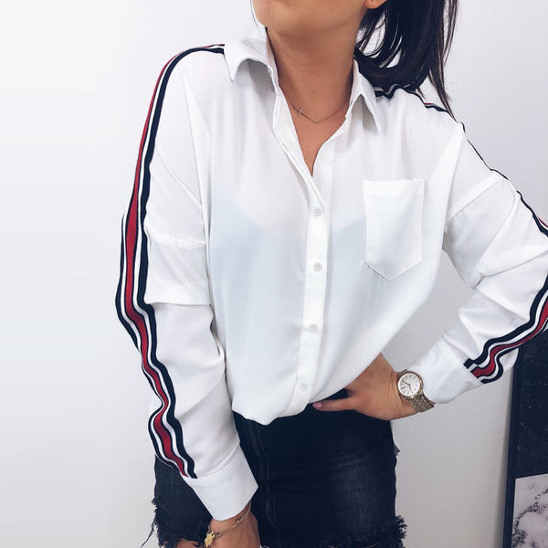 Blusa Casual Mujer Rayas Blancas Manga Larga con Botones
