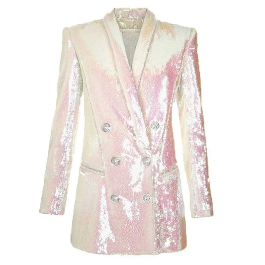Blazer Largo Doble Botonadura con Lentejuelas para Mujer