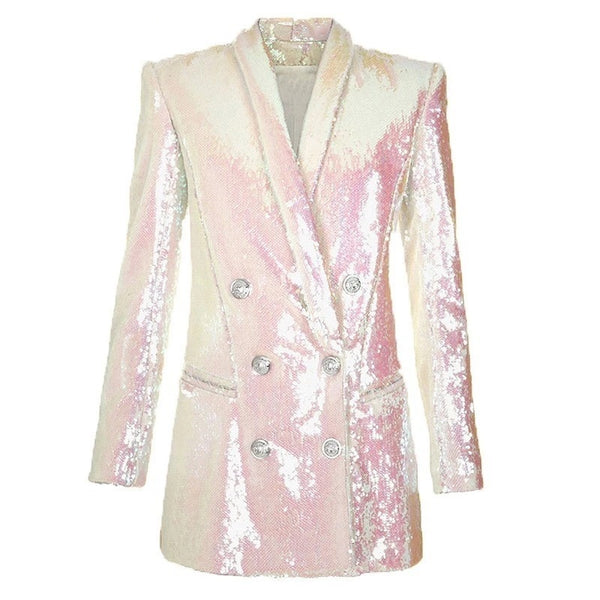 Blazer Largo Doble Botonadura con Lentejuelas para Mujer