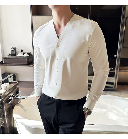 Camisa de Cuello V Manga Larga con Textura Waffle para Hombre - Image 9