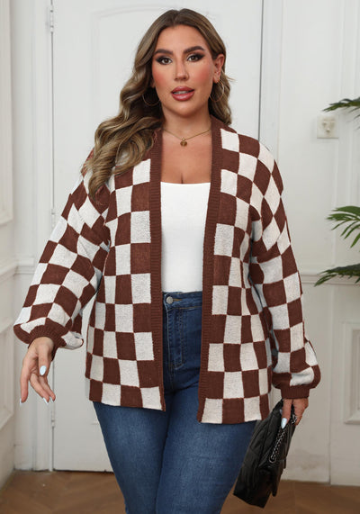 Suéter Cardigan Patchwork Contraste Cuadros Ajedrez Holgado Casual - Image 8
