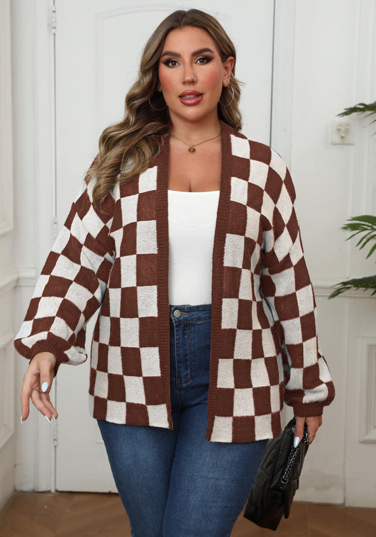 Suéter Cardigan Patchwork Contraste Cuadros Ajedrez Holgado Casual - Image 8