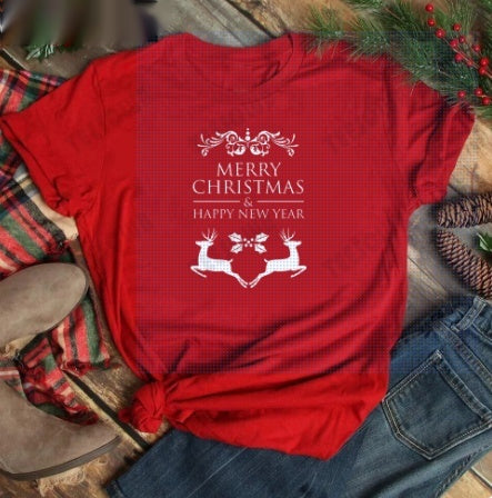 Red women's t-shirt with "Merry Christmas" text and three Christmas trees, featuring buffalo plaid and leopard print. - Image 2