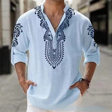 Camisa Casual de Playa con Cuello Mao Manga Larga para Hombre