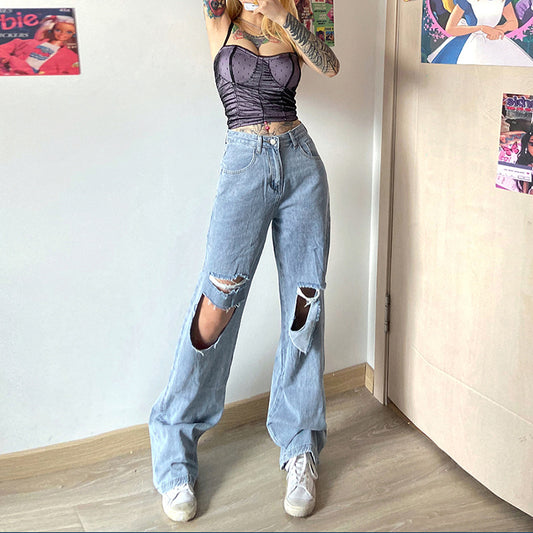 Jeans Rotos de Cintura Alta y Pierna Ancha para Mujer - Estilo Verano - Image 2