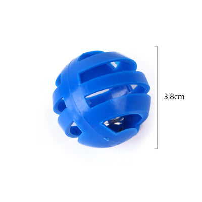 Four colorful plastic bell balls for cats in yellow, pink, blue, and grey, featuring a slotted design. - Image 3